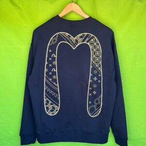 NWT Evisu Navy Blue Seagull Daicock Crewneck Sweatshirt Gold Pattern Mens Large